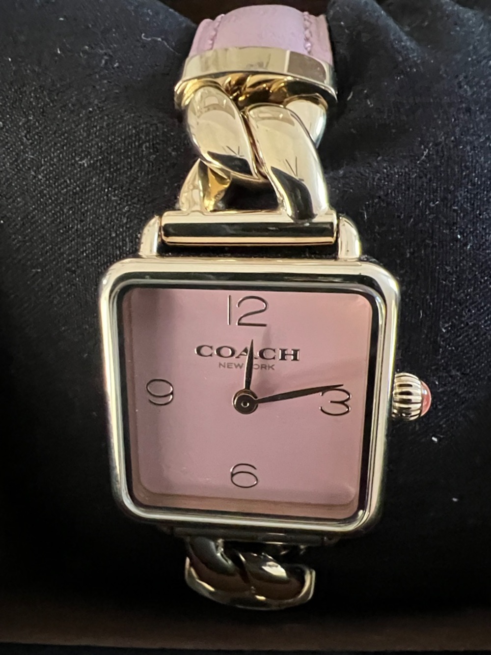Coach Pink Square Dial Gold-Tone Chain Watch
